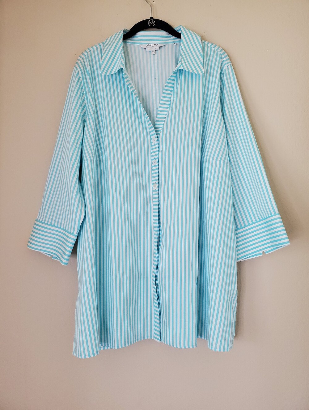 Foxcroft 18W Shaped Non Iron Stretch Shirt Aqua Blue White Stripe NWOT